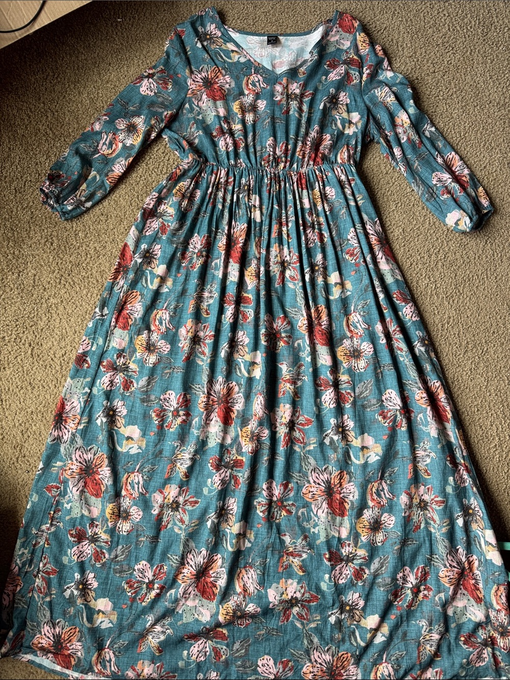 Floral Teal Long Sleeve Maxi Dress